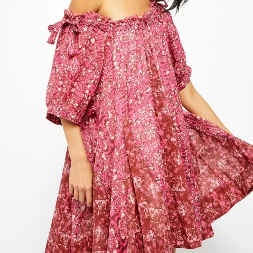 Free People Pink & Brown Off-Shoulder Mini Dress